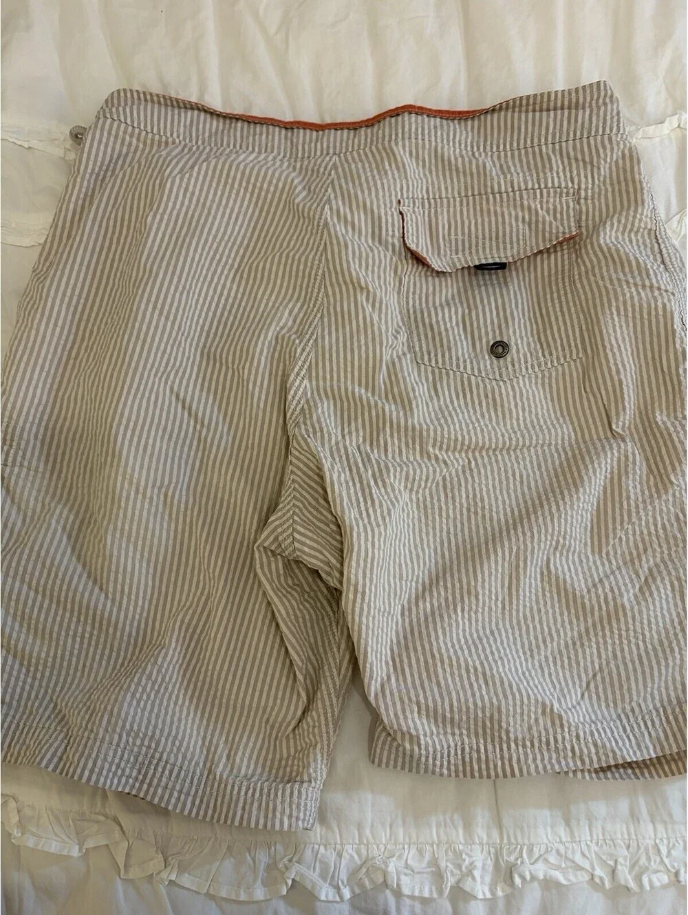J.Crew The Original Longboard Shorts Mens 36 Taupe Gray Stripe Seersucker